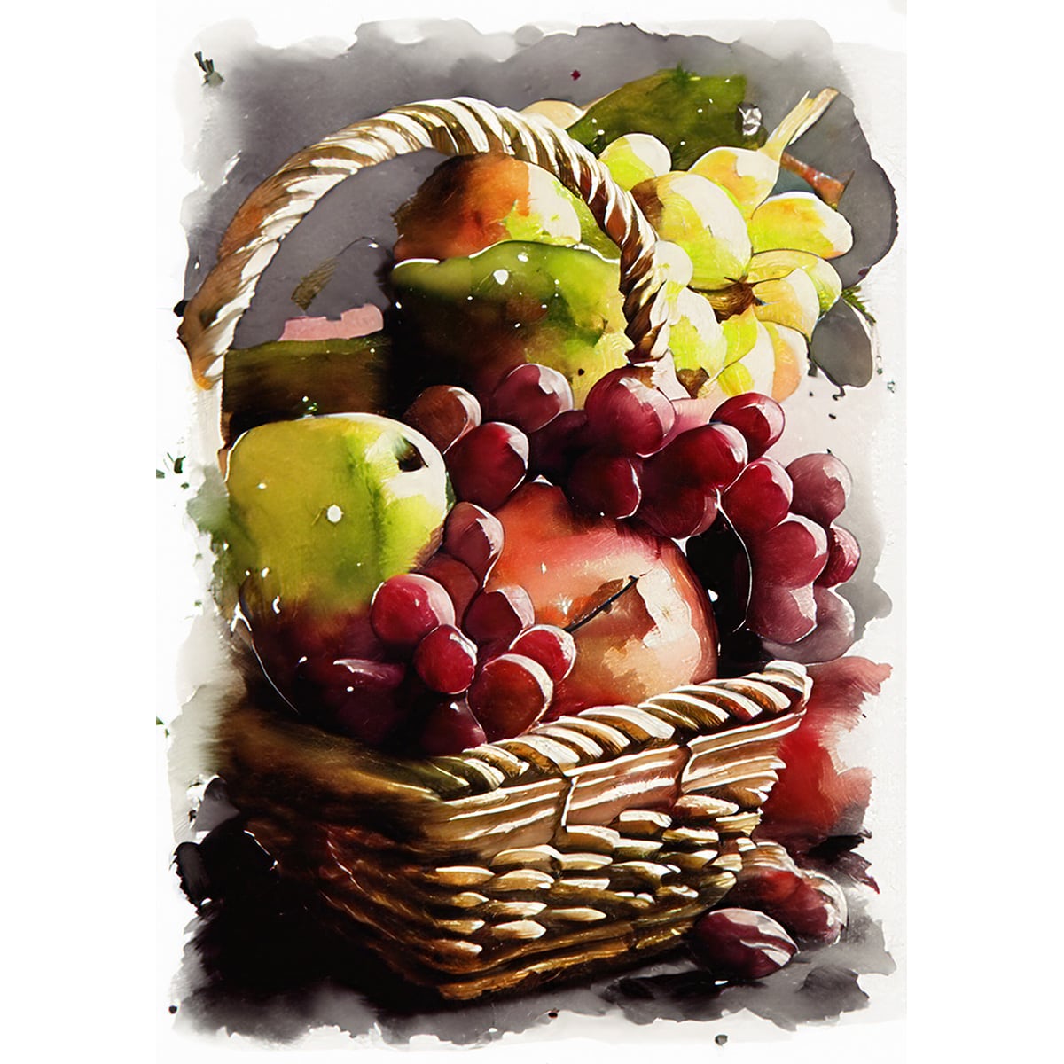 絵画 静物画 カゴに入った果物 インテリアアート額付き 水彩画・油絵風