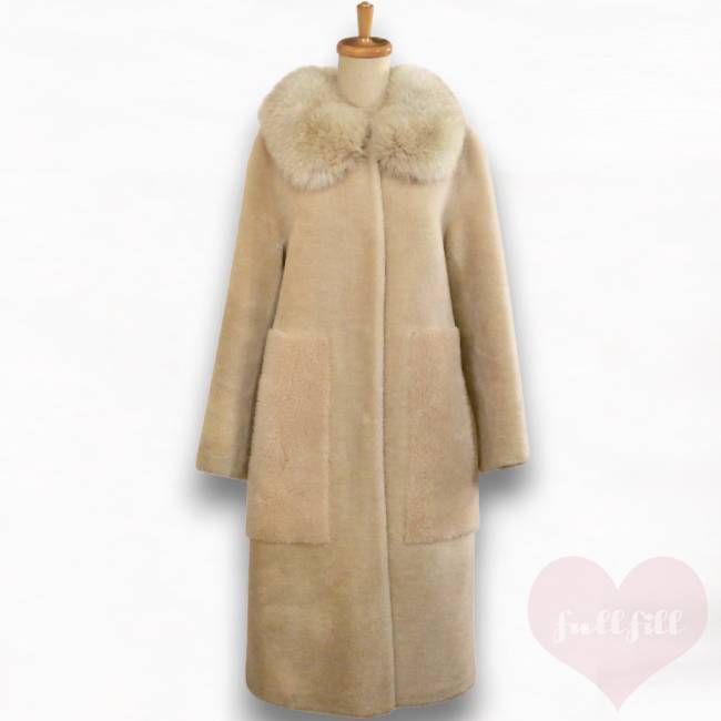 オーストラリア産ウール ベージュファーロングコート ムートン 古着