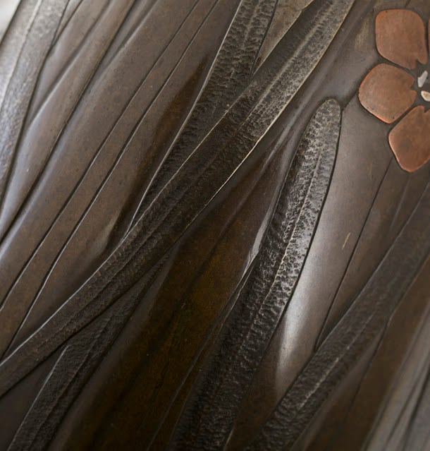 古銅 水仙 花瓶 花器 金工 彫金 象嵌 明治工芸 明治金工 無銘