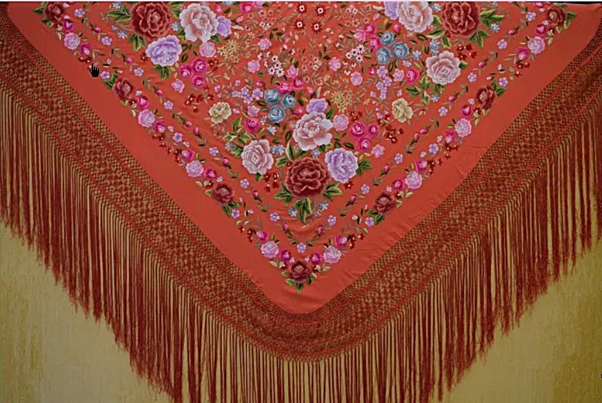 フラメンコ マントン シルク グリーンxアイボリー ref.737767 | artesania