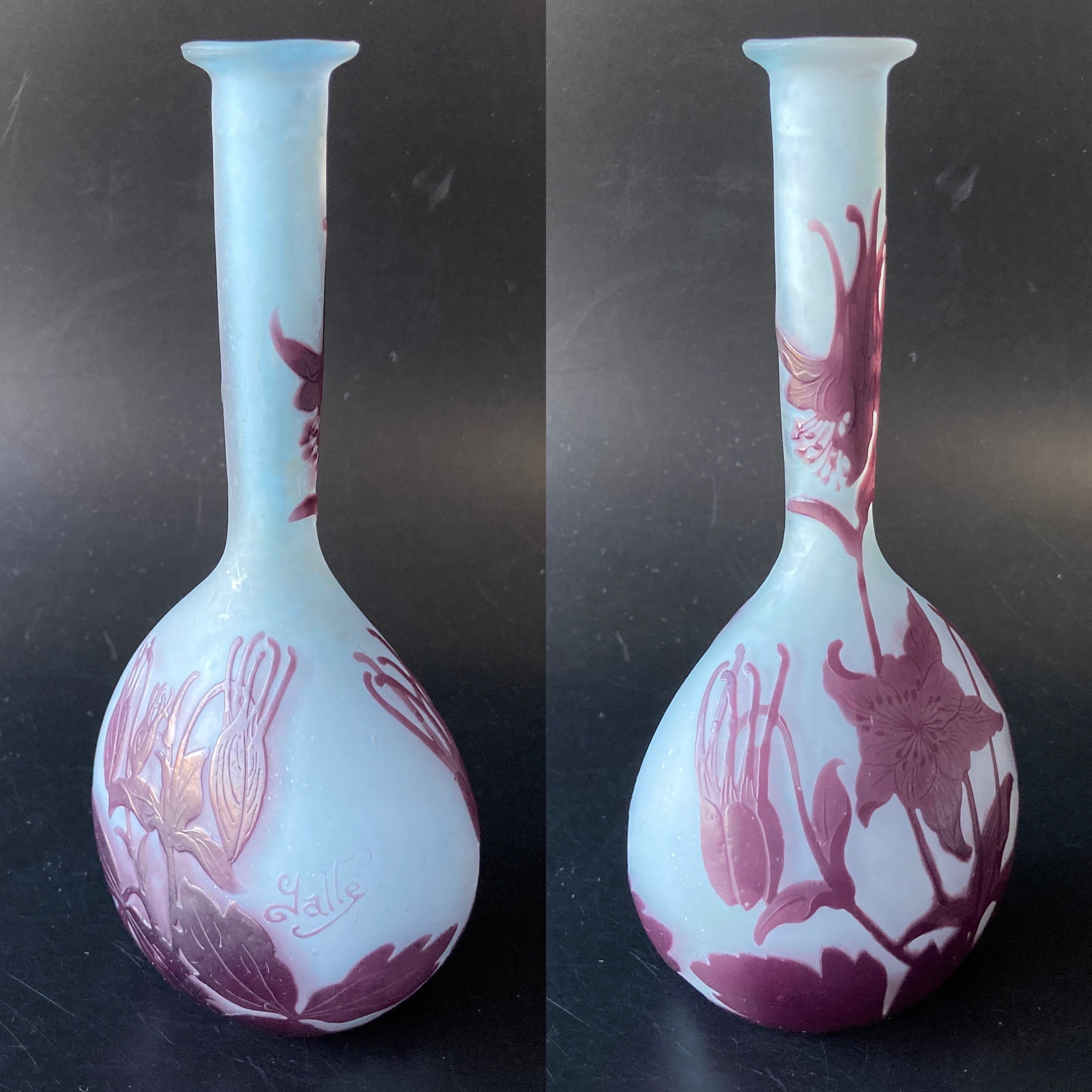 エミール ガレ 苧環文 鶴首型花器 花瓶 オダマキ 多色多層被せガラス