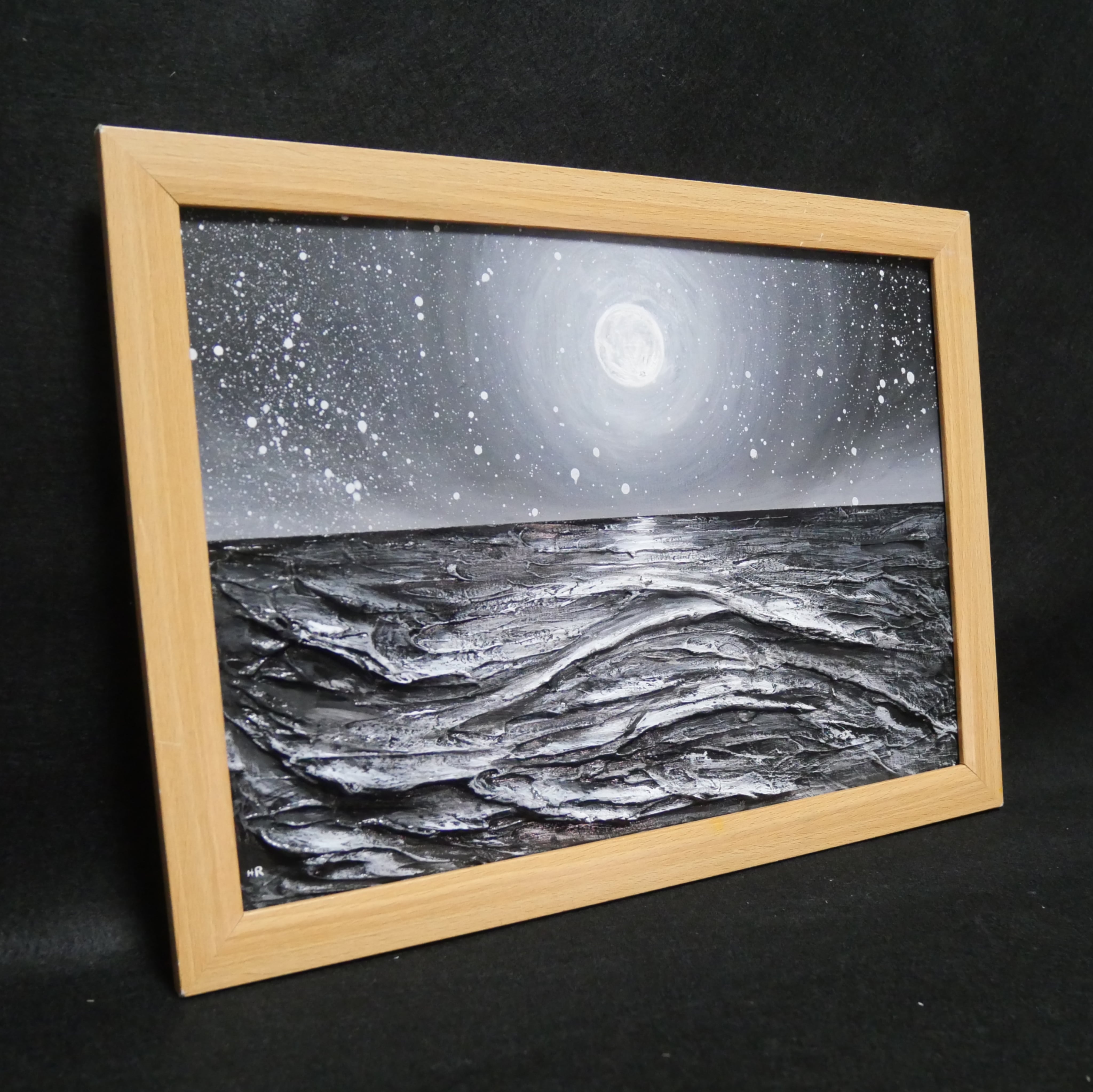 油絵 油彩 油彩画 絵 絵画 【白黒の満月と星空の海】 | HIROSHI1990