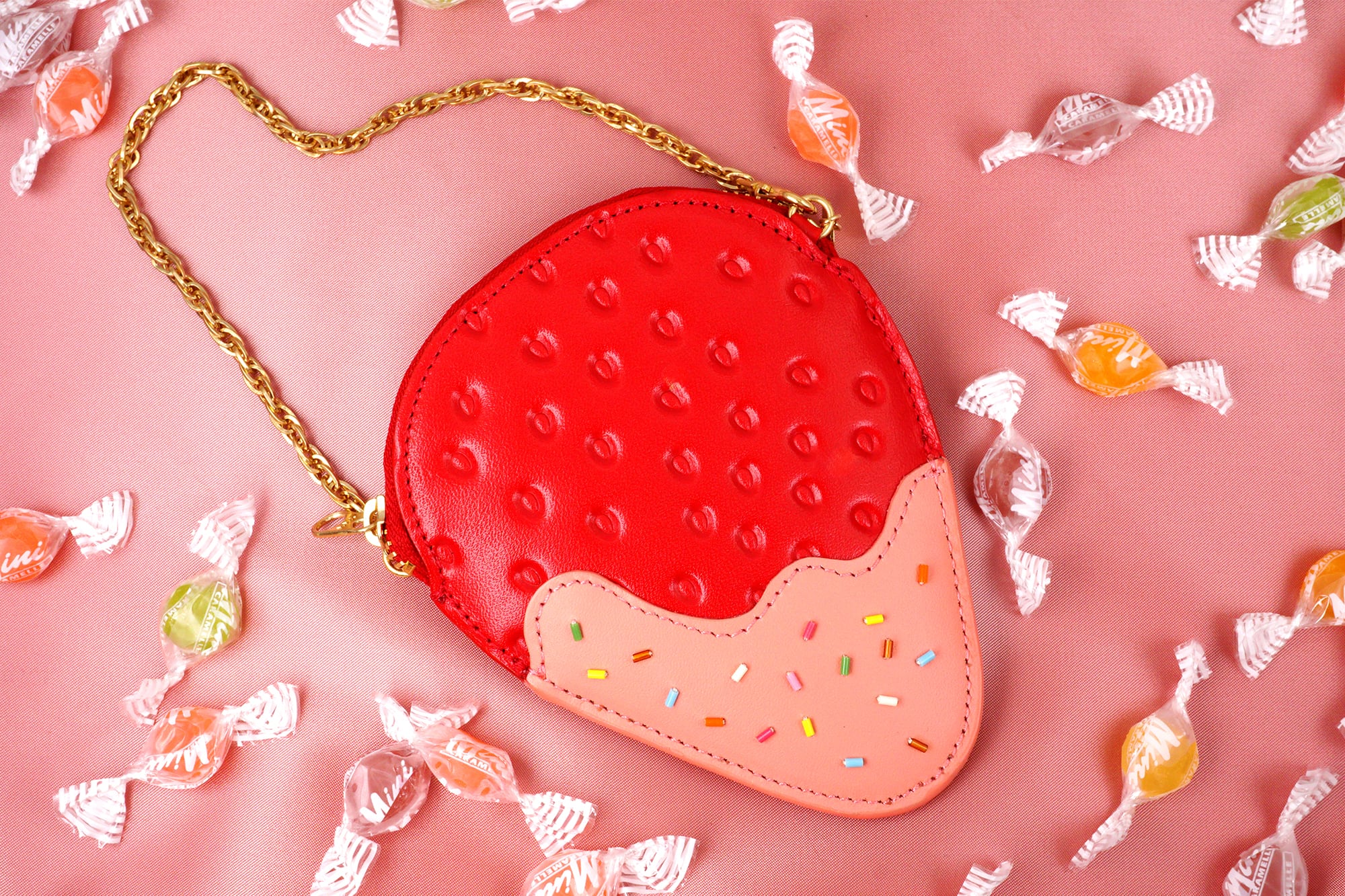 スイカ」が入るチョコがけいちご・ピンクスプリンクル（牛革製コイン