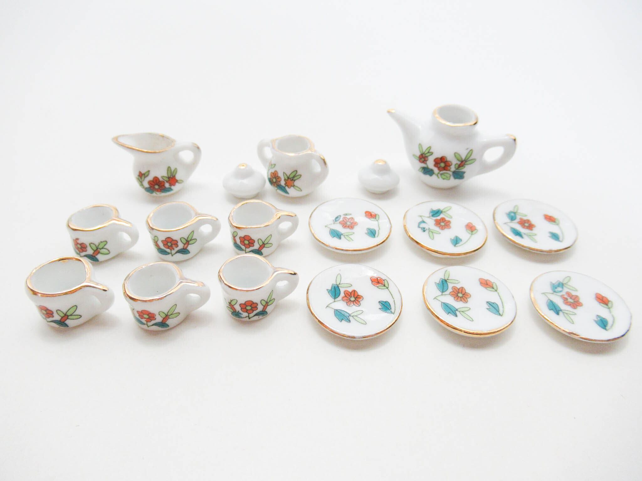 ミニチュア 陶器◇可愛いティータイムセット 粉彩紅花（AD013