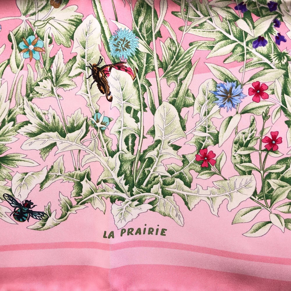 美品 HERMES エルメス カレ90 LA PRAiRiE 草原 ピンクカラー 花 草