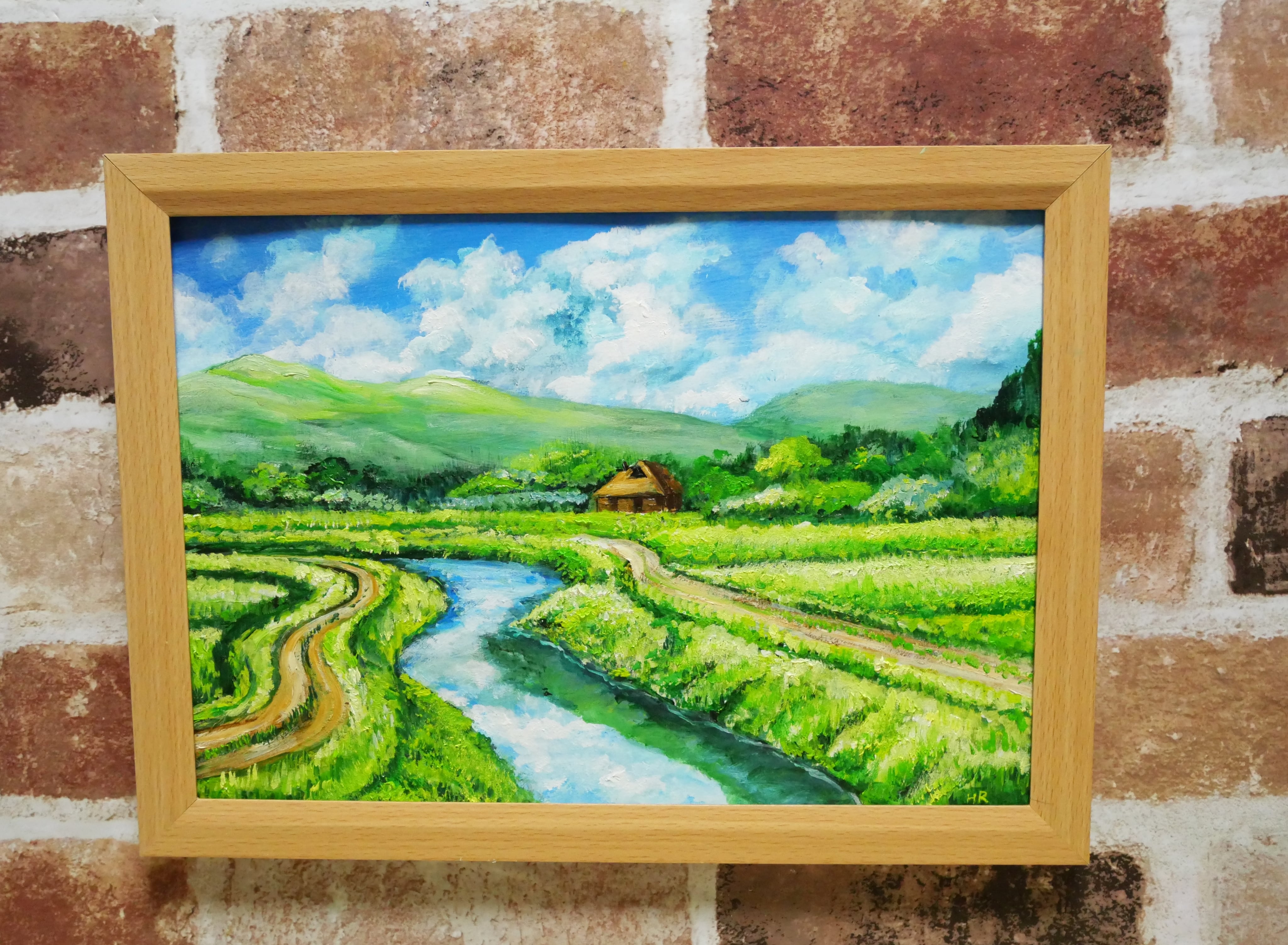 風景画 油彩画 木製フレーム 約50x40cm 風景画 油彩画 木製フレーム