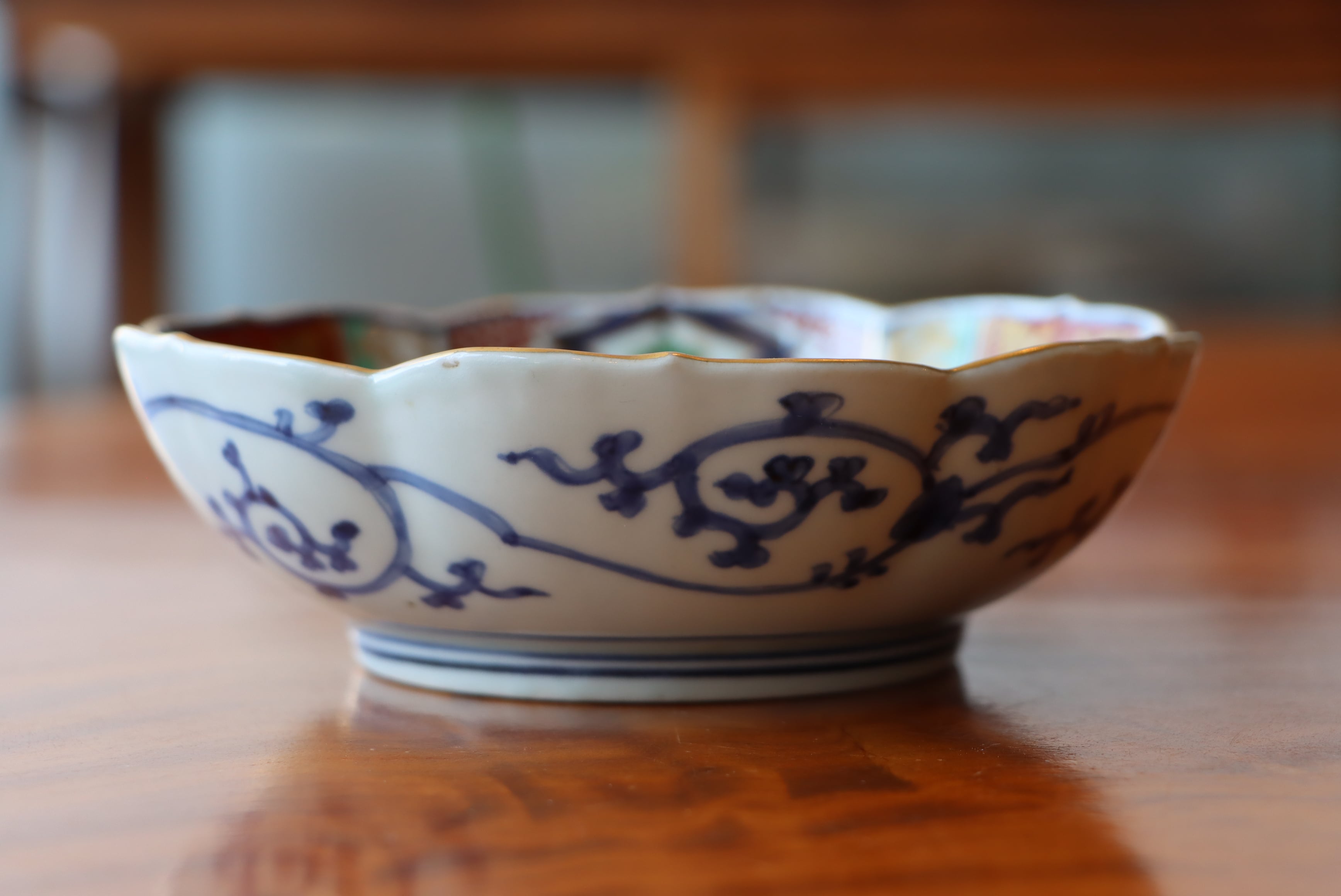 古伊万里 色絵花鳥図輪花形膾皿 松竹梅 裏巻物文様 江戸期 金蘭手 最後