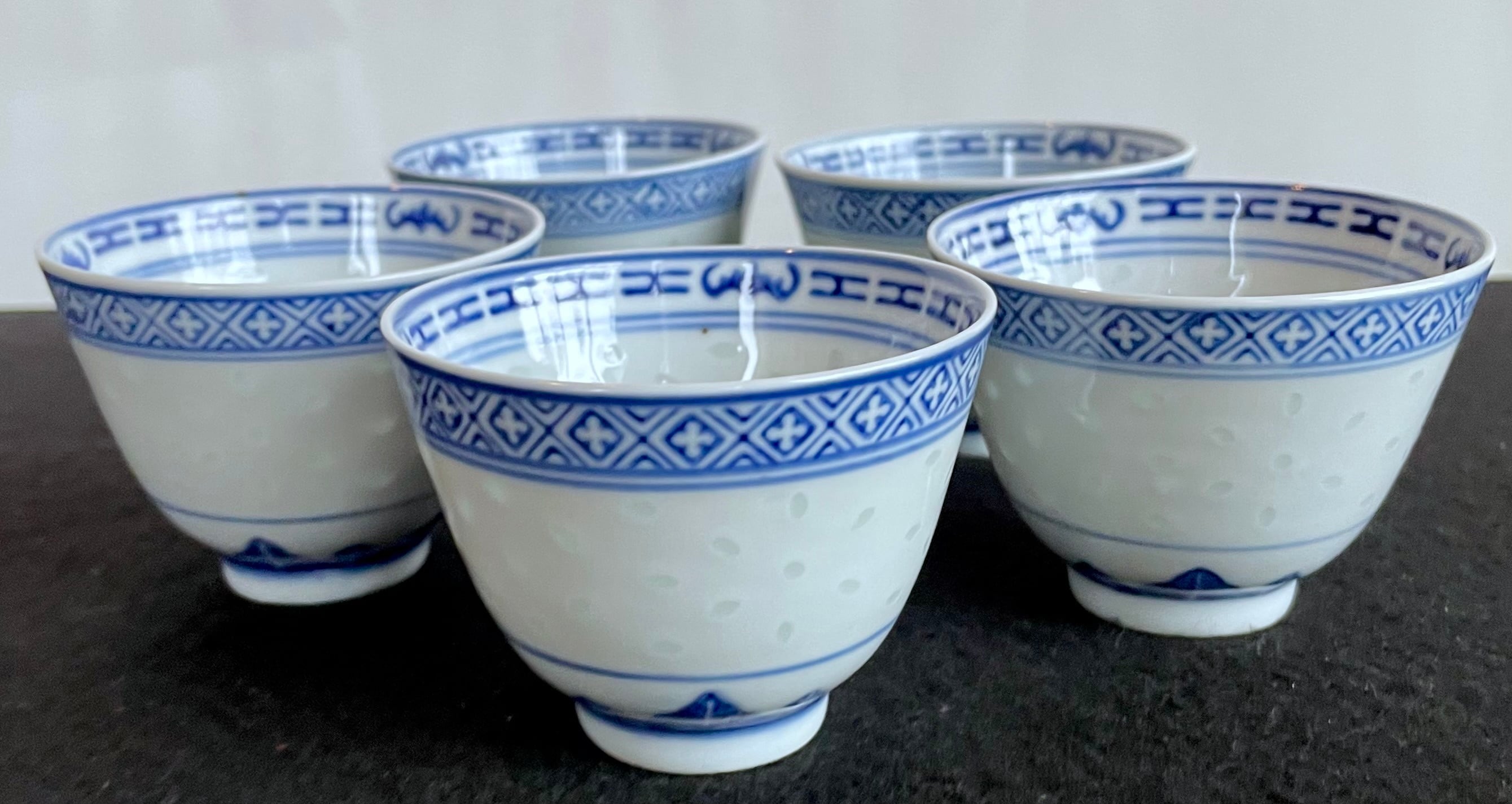 China Vintage 景徳鎮 中国 茶器 青花 玲瓏 湯呑 5客揃 ホタル 蛍焼