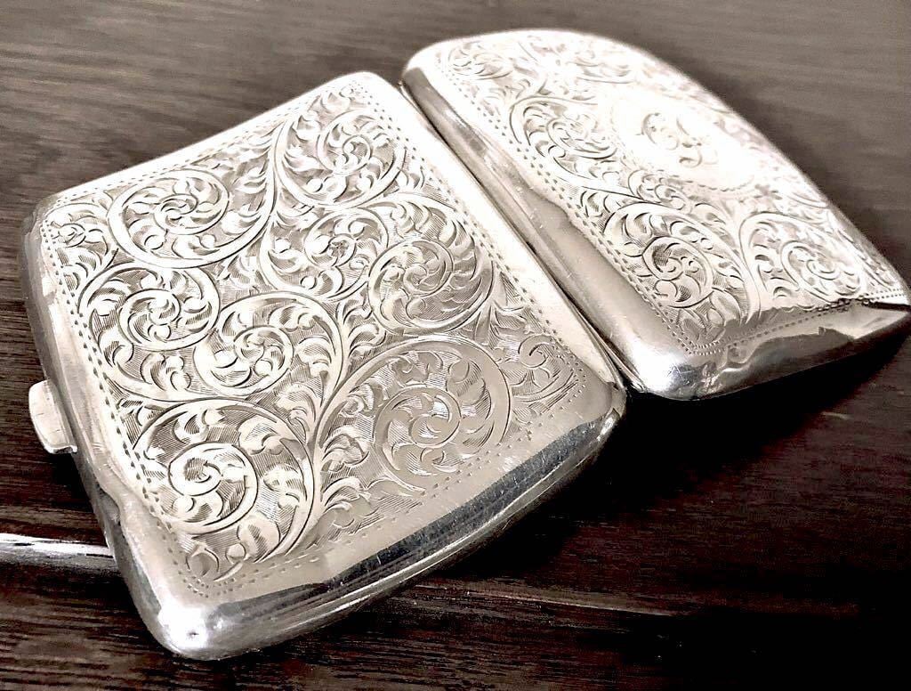 英国アンティーク シガレットケース 喫煙具 両面彫金 唐草模様