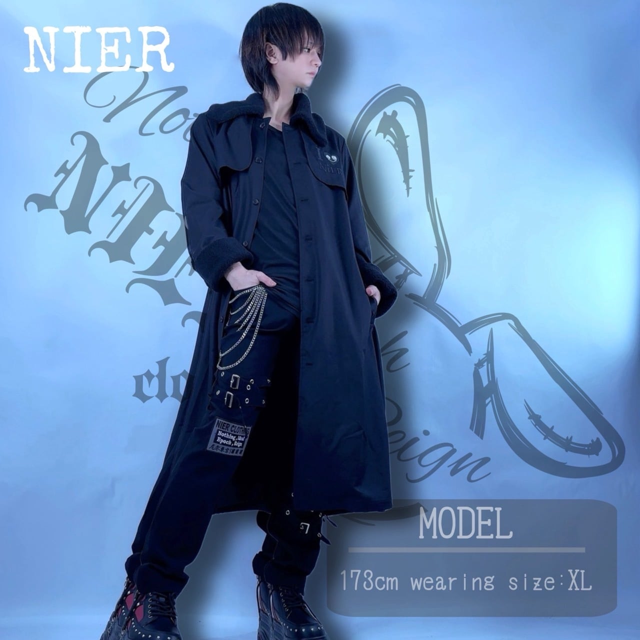 新春応援60%OFF》ボア襟付き春用BLACK LONG COAT【NIER刺繍入り