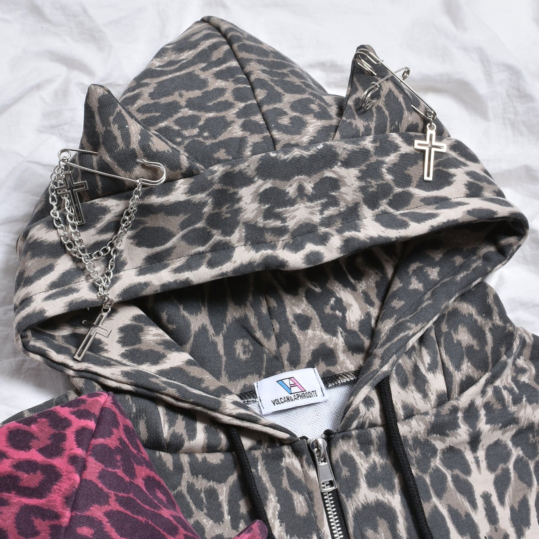 渋谷店で人気！】ネコ耳ヒョウ柄ZIPパーカー | VOLCAN&APHRODITE