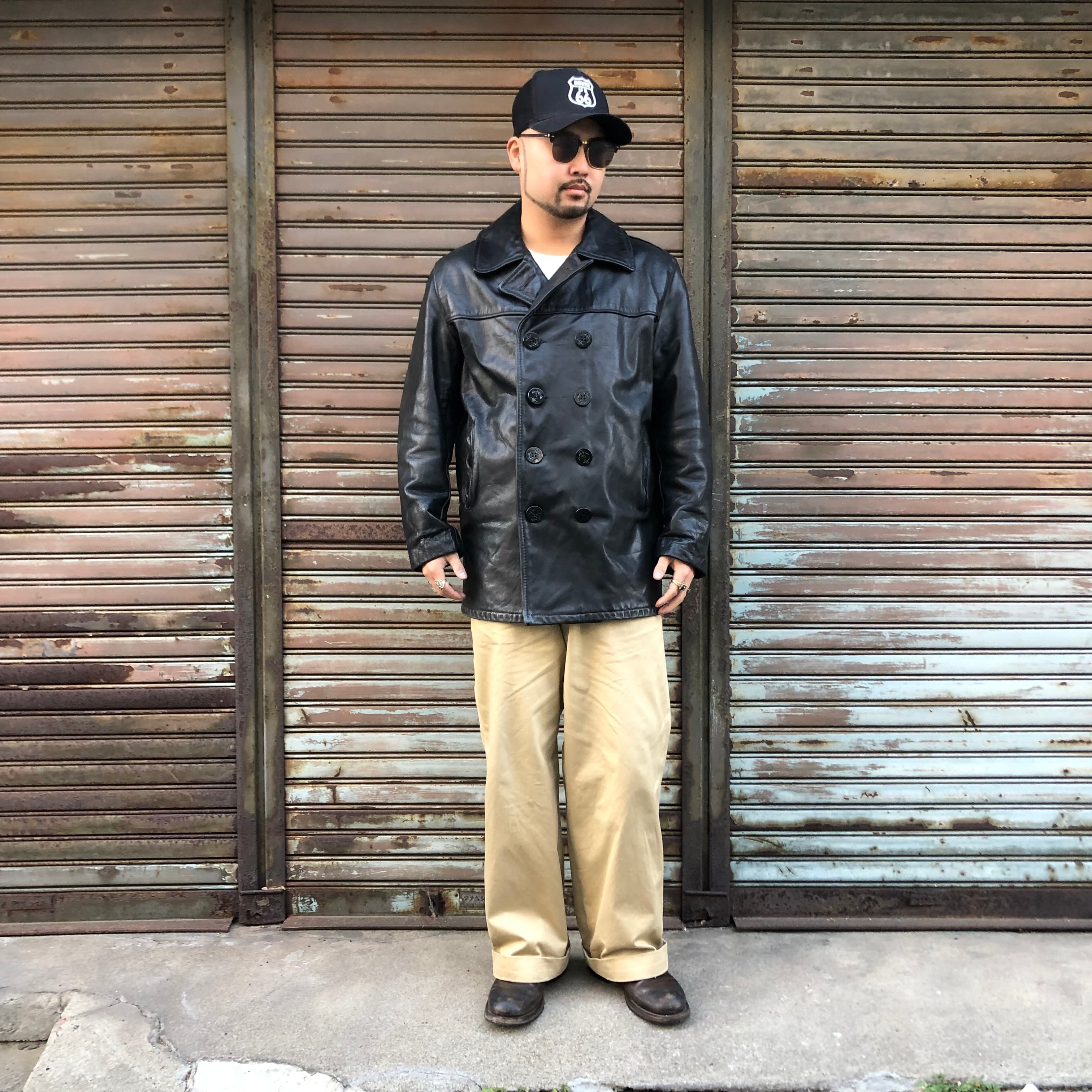 90s USA製 Schott レザー Pコート ブラック 本革 XL 42 レザー