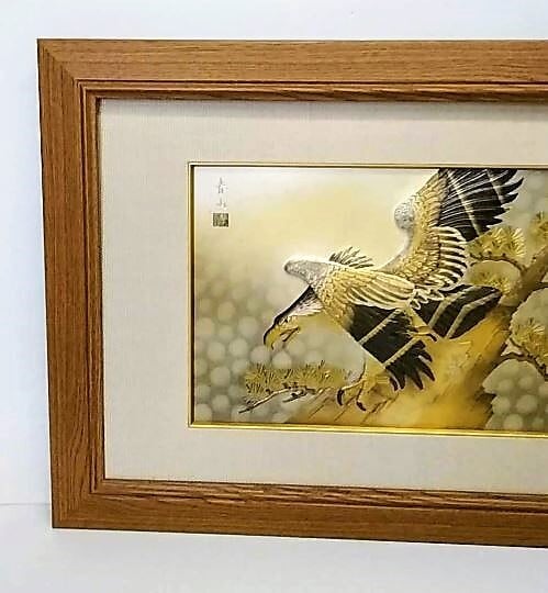 春山「鷲」 彫金額 額縁外寸67.5x48.0x4.5㎝ 絵40.0x25.2㎝[k-317