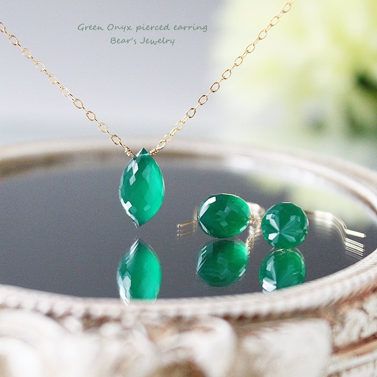 極上カット☆グリーンオニキスのシャンデリアカット ネックレス｜14Kgf