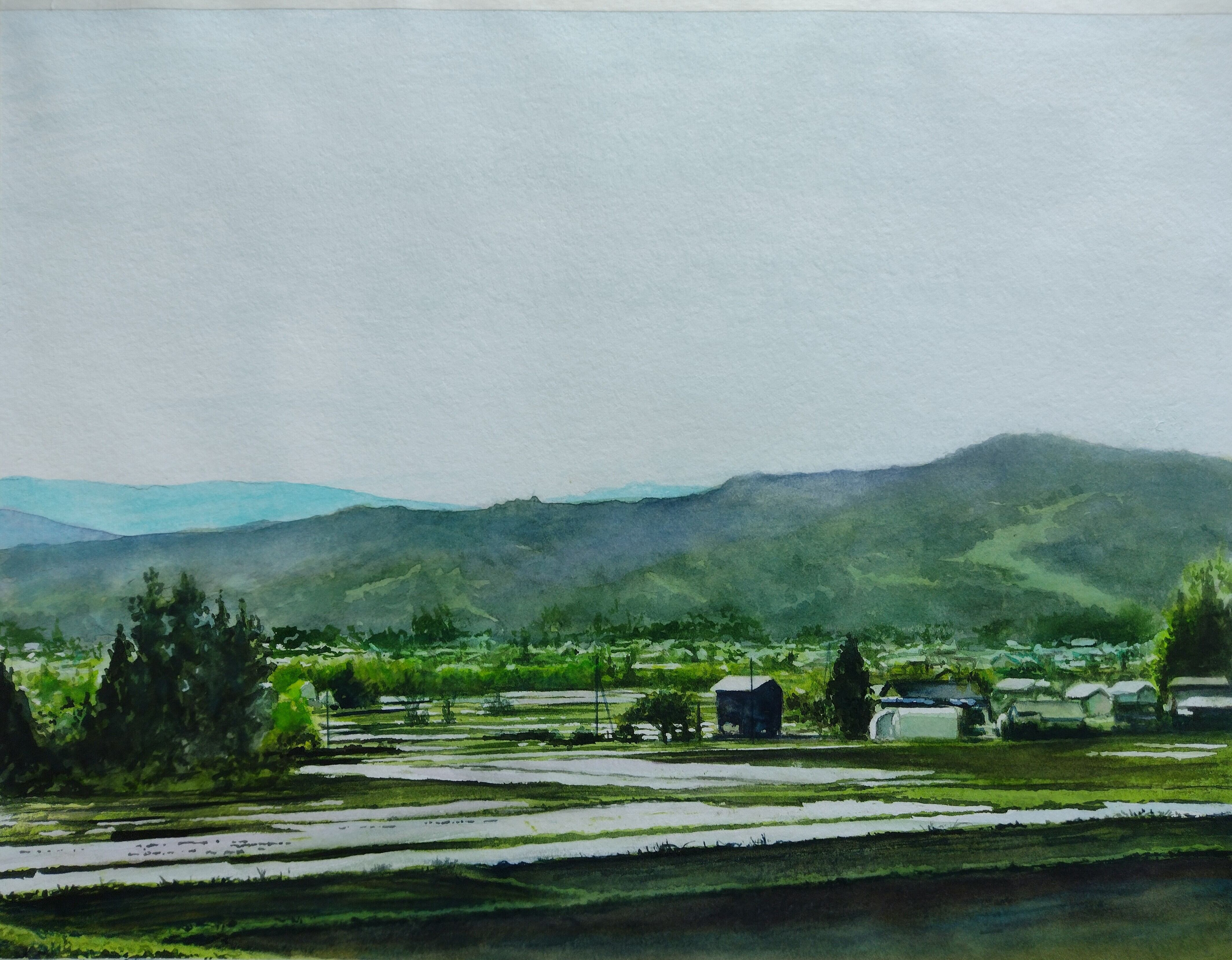 水彩画 風景画 画題「早朝の魚沼」 | yamakasumi56