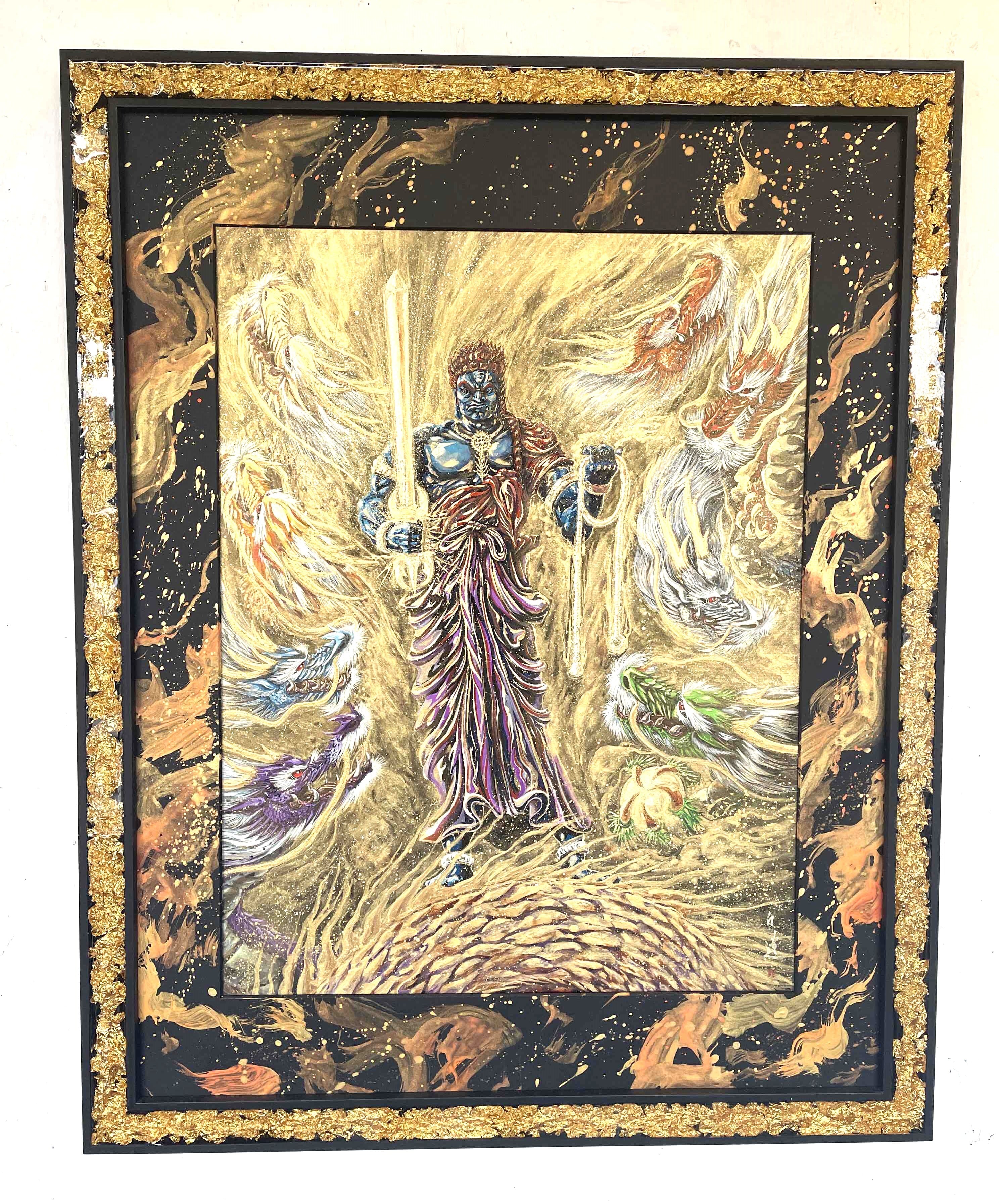 現代水墨画家 絵師白道 「青不動明王と八大龍王」直筆作品 証明書