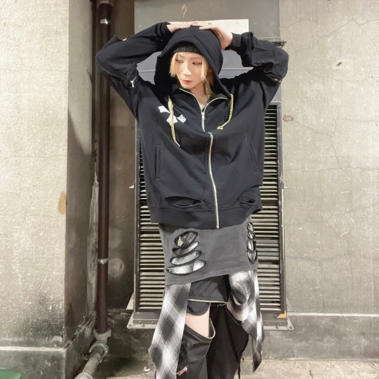 PSYNYXXチェーンクロスダメージパーカー サブカル 地雷 グランジ系