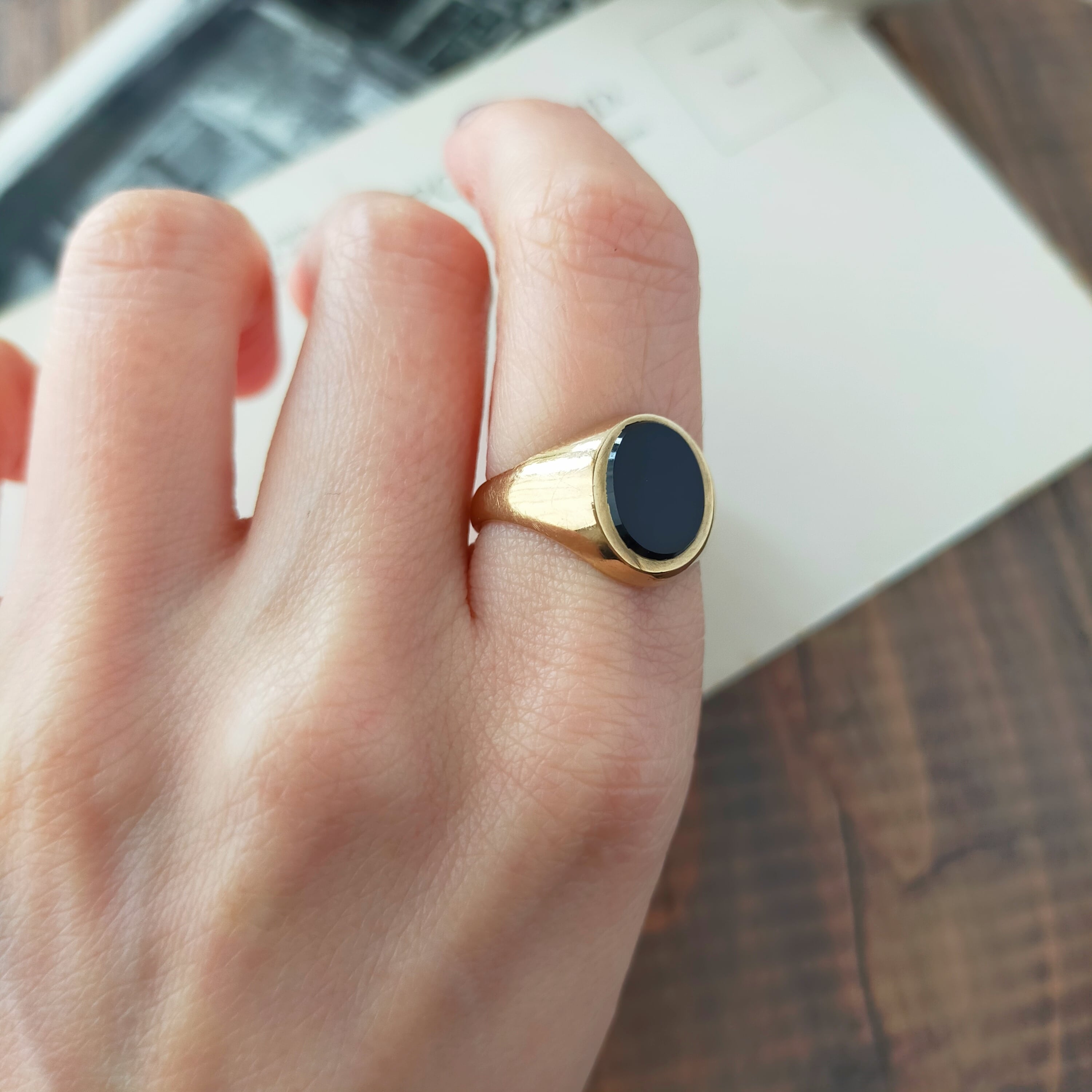 英国 1978年 ヴィンテージ 9kゴールド オニキス シグネットリング