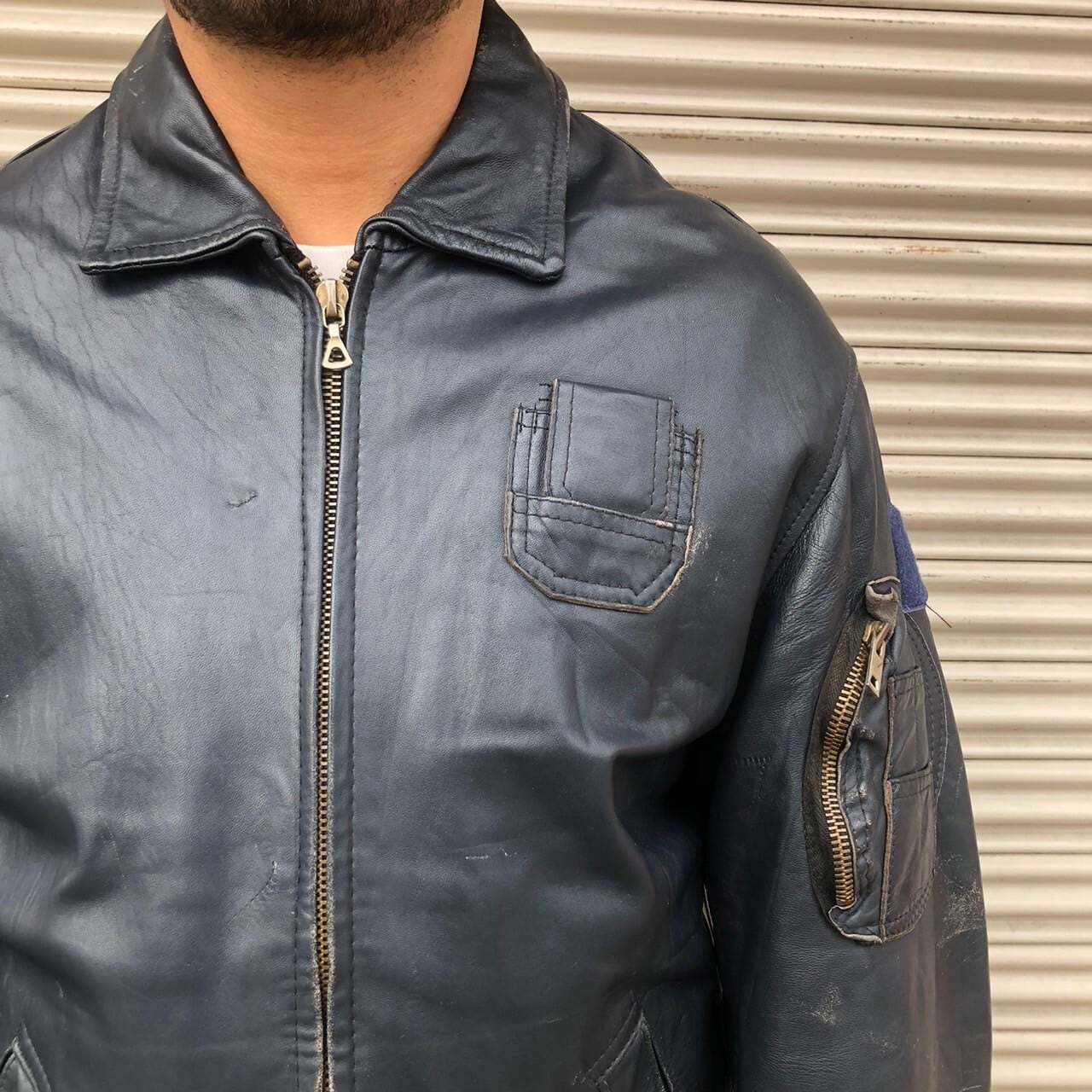 70sフランス軍 実物 ヴィンテージ パイロット レザー ミリタリー 100X