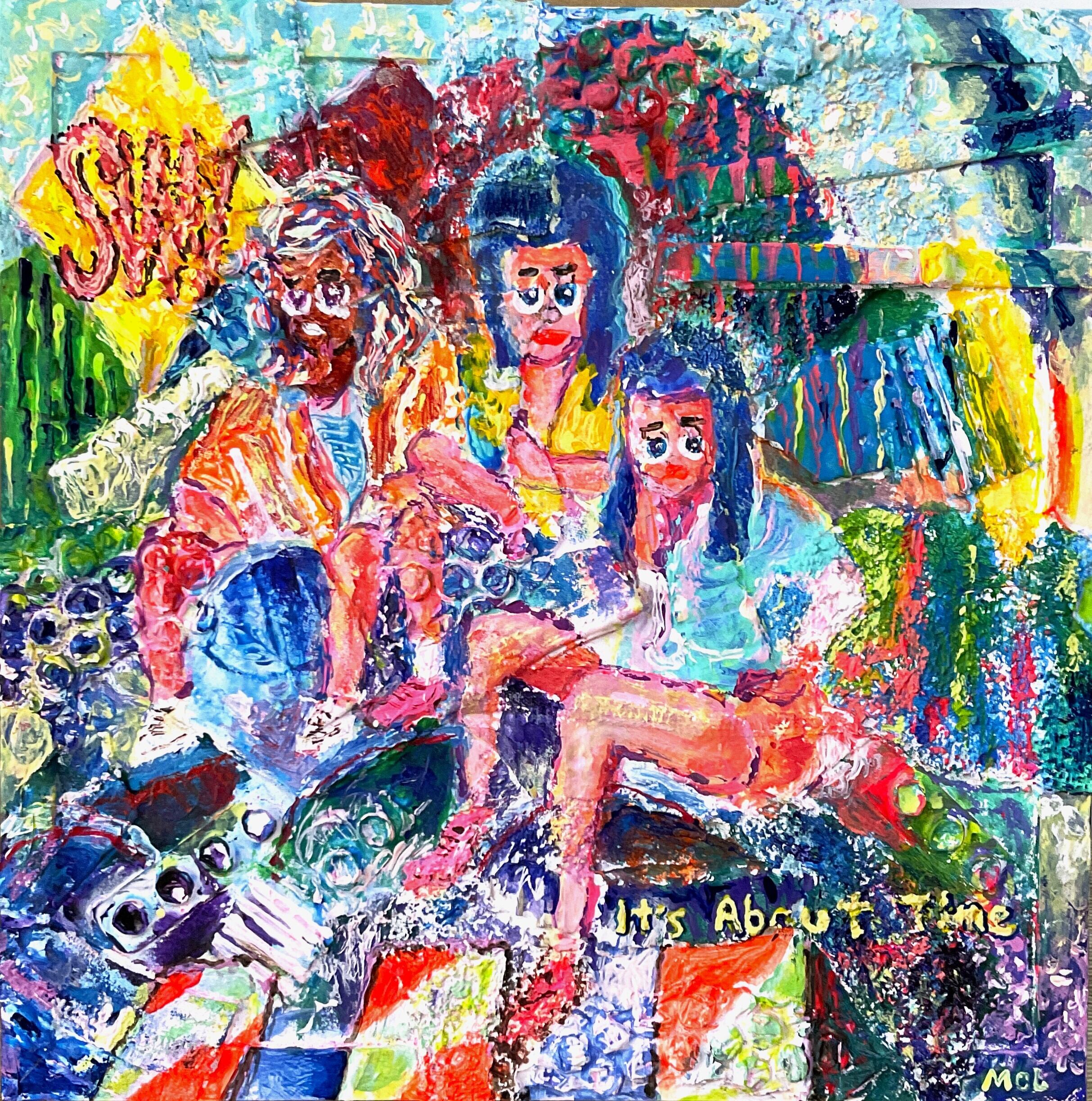 It's about time」（ゴミ、廃品などを貼り付けた自家製キャンバス