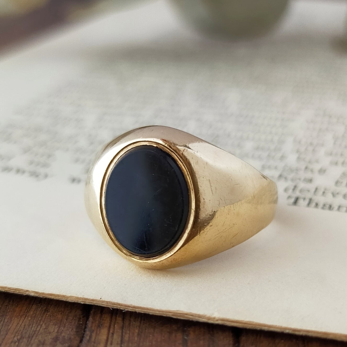英国 1972年 ヴィンテージ 9kゴールド オニキス シグネットリング