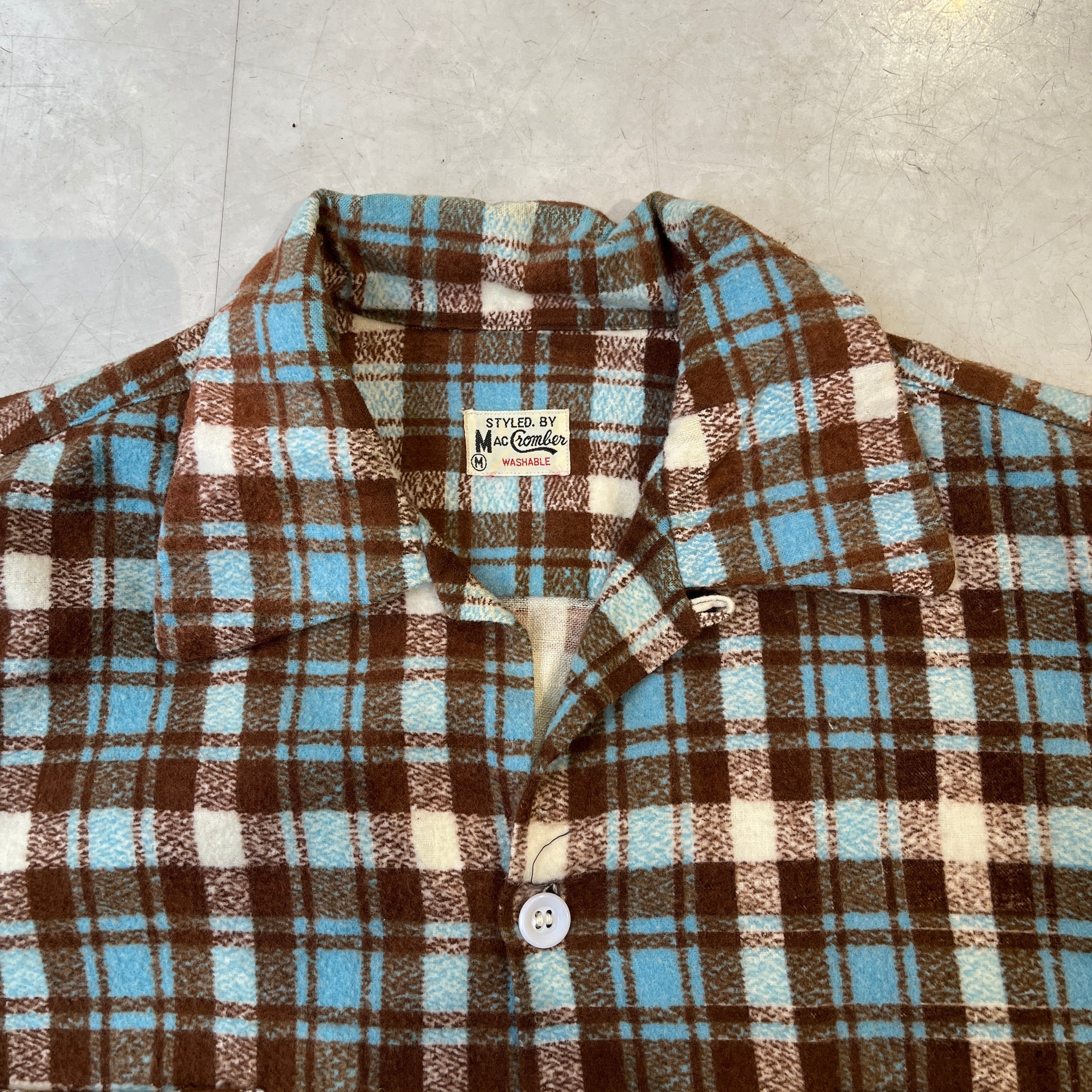 50s Print Flannel Shirt Open Collar 50年代 プリントフランネル