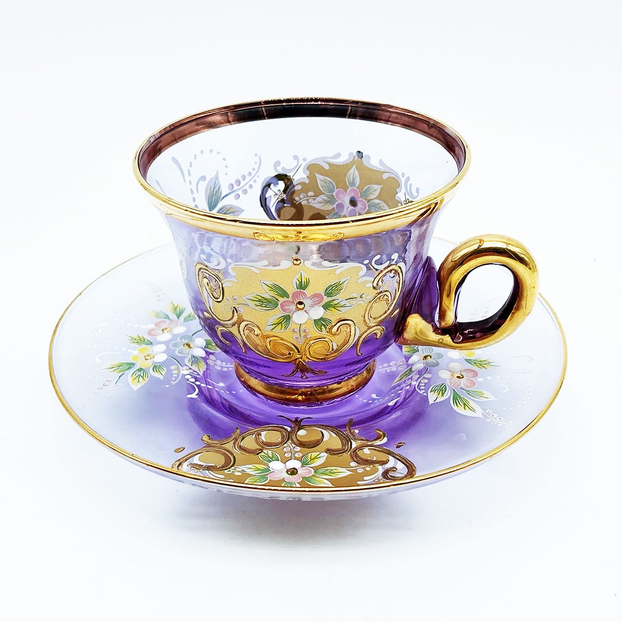 ベネチアングラス ムラノ イタリア カップ＆ソーサー ラベンダー 金彩