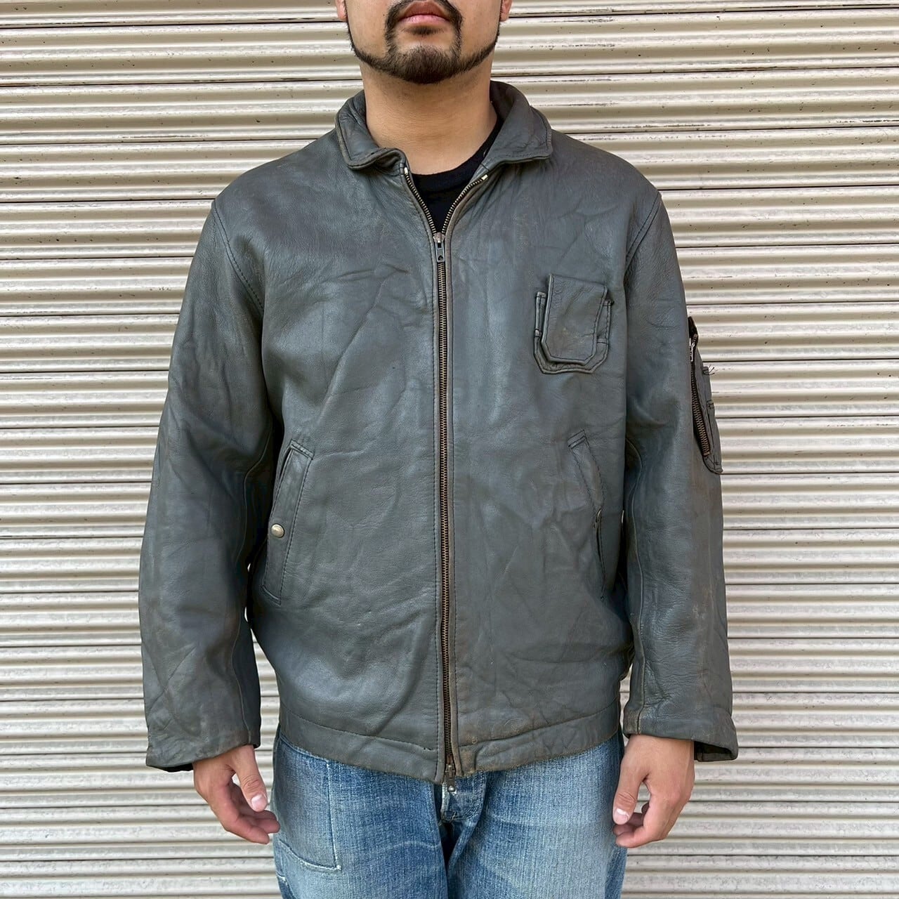 70s フランス軍 パイロットレザー フライトジャケット グレー