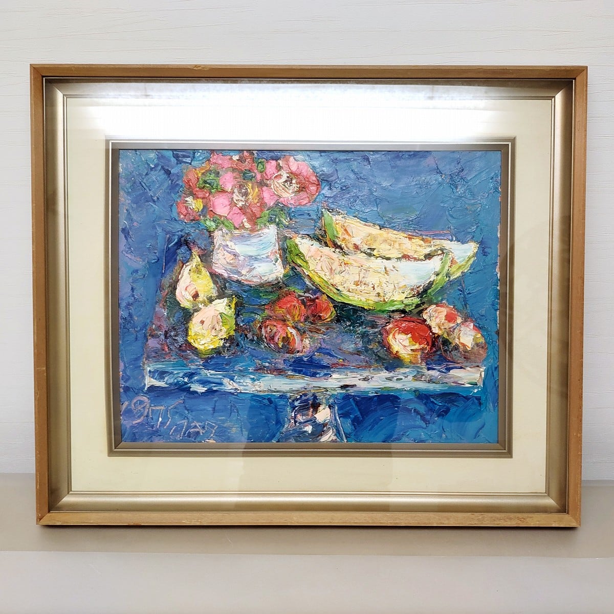 絵画インテリア 額付(銀) 油絵 uF6-063704 静物 果物 瓶 絵画