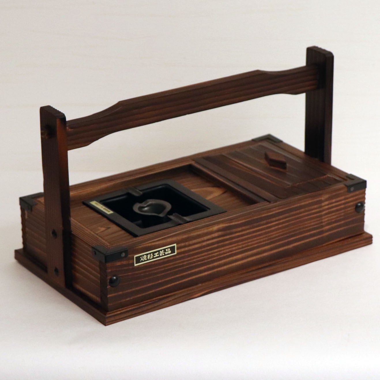 むらた工芸・卓上タバコ入れ灰皿・焼杉工芸品・中古美品・No.200712-06