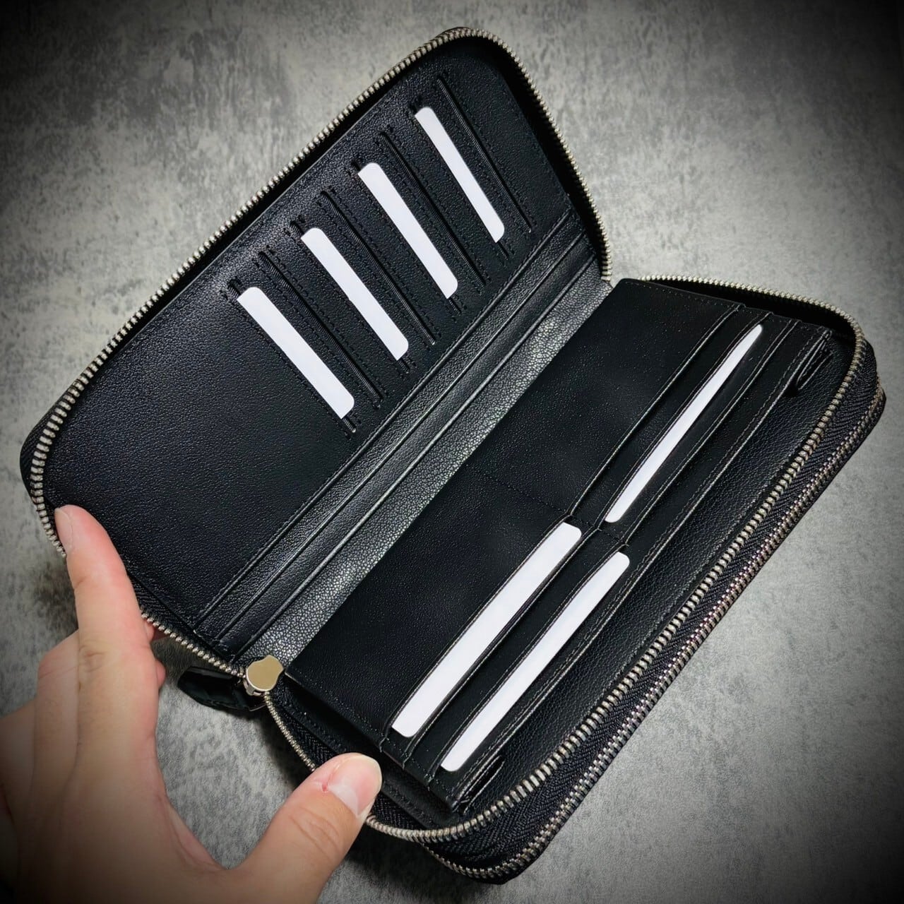 クロコダイル 長財布 大容量 ダブルファスナー 財布 一枚革 ブラック