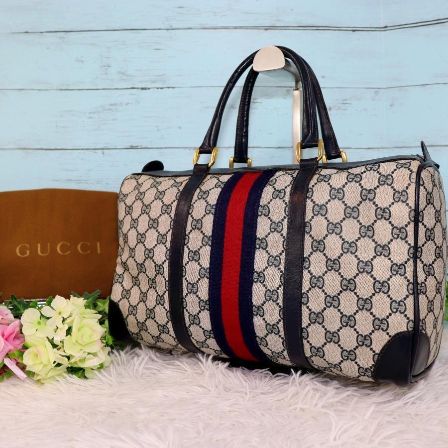 オールドグッチ ボストンバッグ シェリーライン GGスプリーム 紺色 A4
