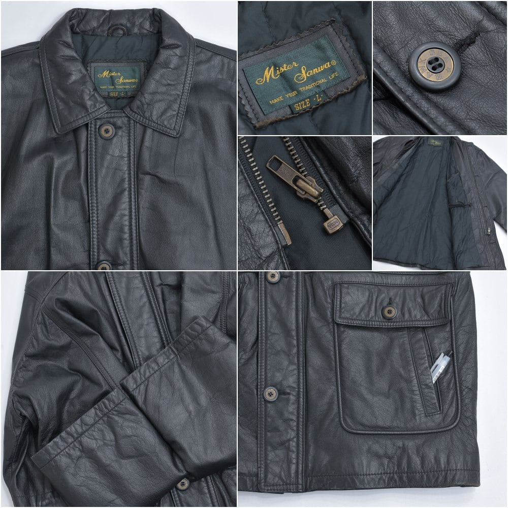 90s～ Mister Sanwa ブラックレザー ハーフコート 本革 革ジャン 裏地