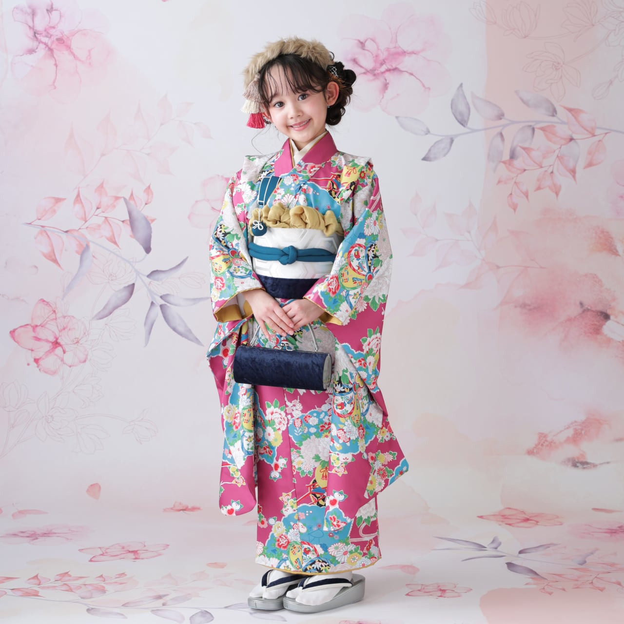 レンタル】七五三着物 7歳 女の子 オリジナル ピンク 【Y294-B340