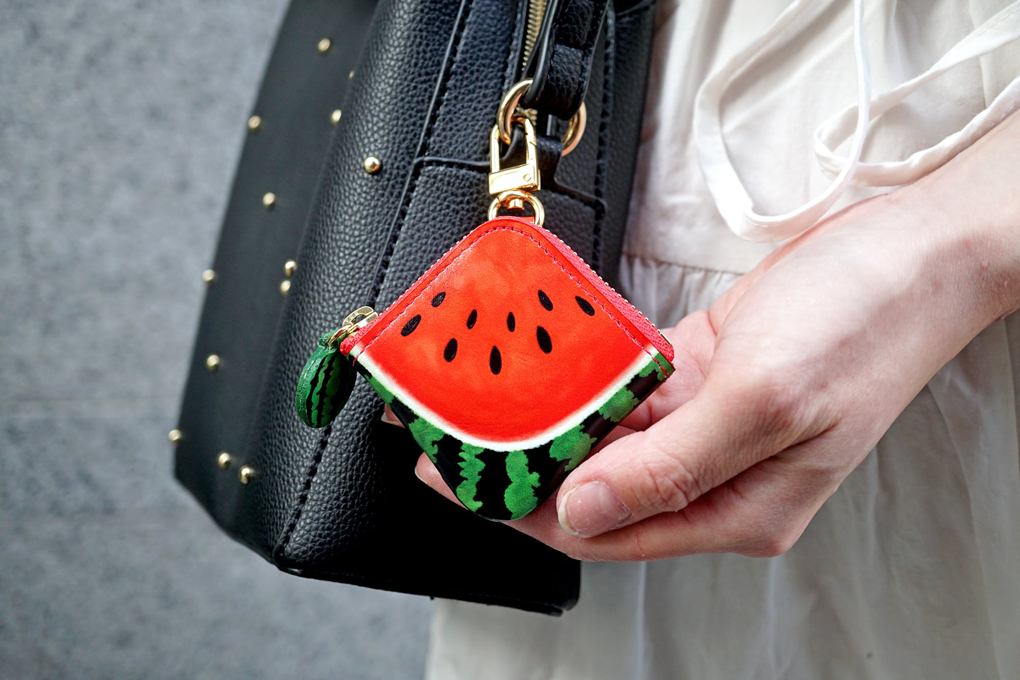 ナスカン付きミニチュアL字ファスナー小銭入れ／カットスイカ（牛革製