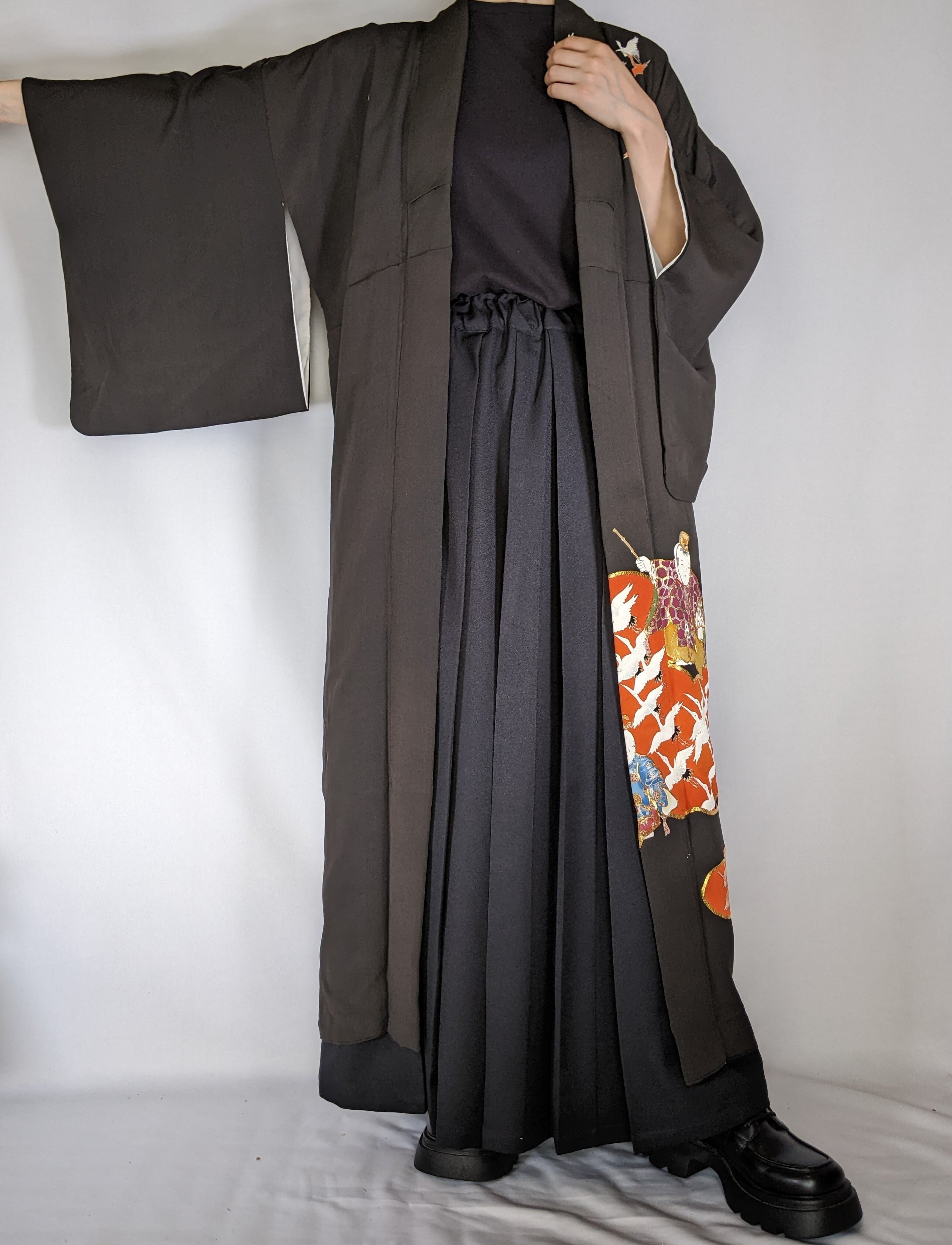 13921】 着物リメイク 黒留袖 ロングコート 鶴 kimono tomesode remake