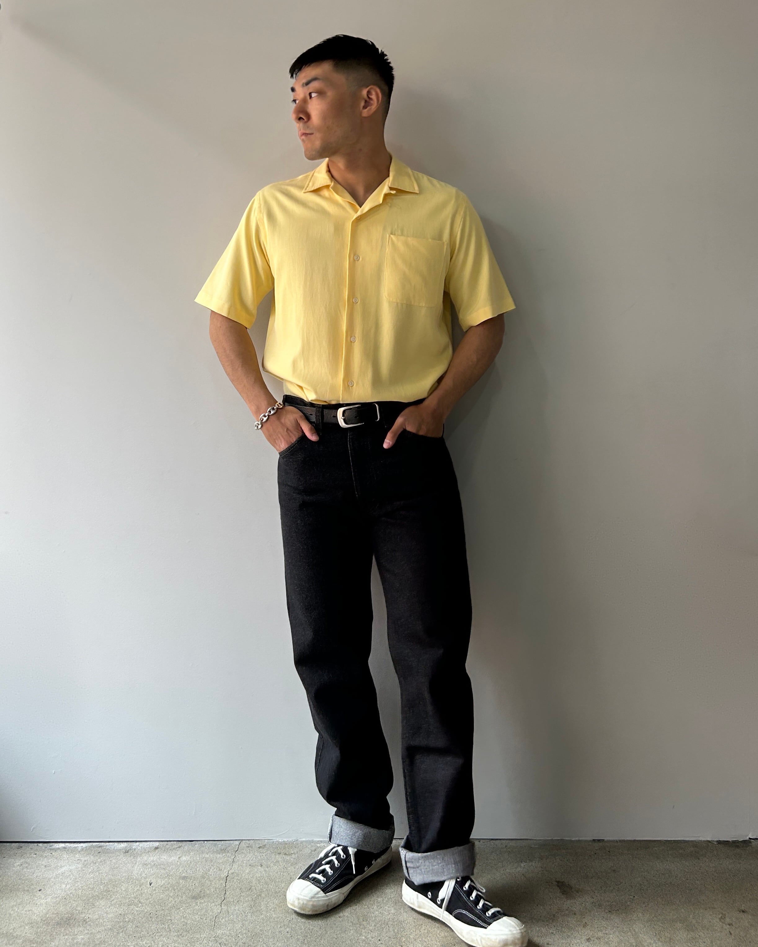 美品 S 完全無地 シルクコットン イエロー caldwell 黄色 半袖開襟