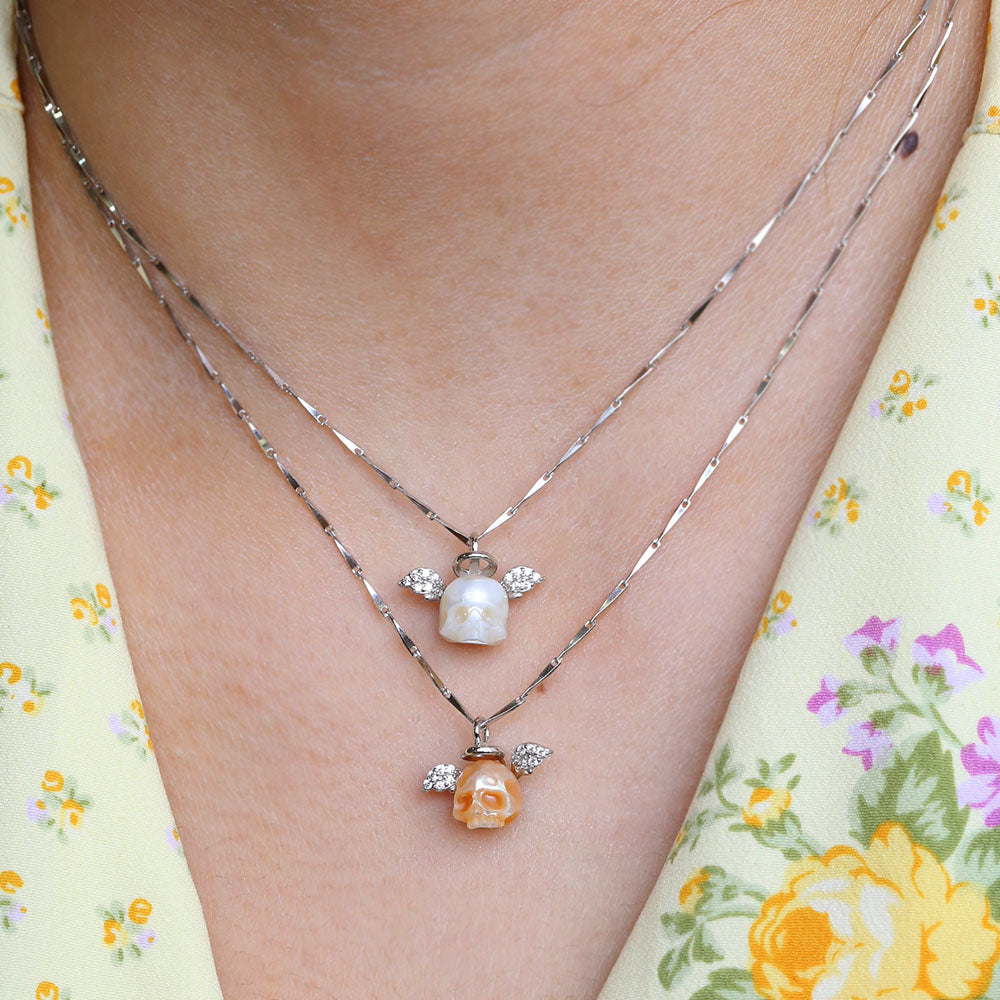 Angel Halo Wings Pearl Skull CZ Necklace-Belle Juri