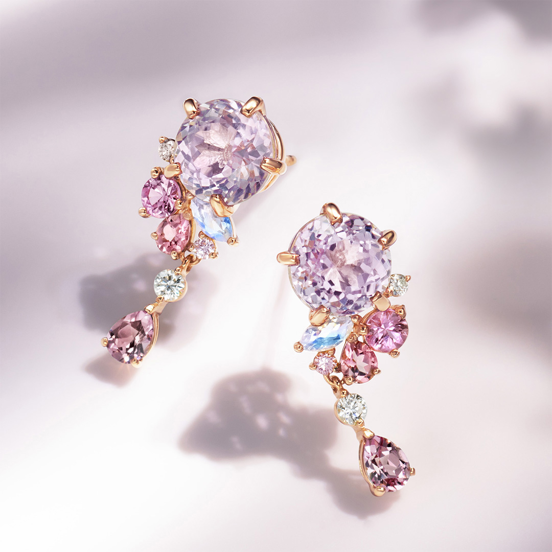 ビズー公式】クンツァイト×マルチカラージュエル K18/PTピアス(両耳