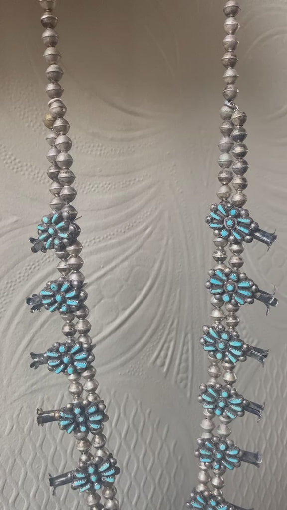 Vintage Petit Point Turquoise Zuni Squash Blossom Necklace