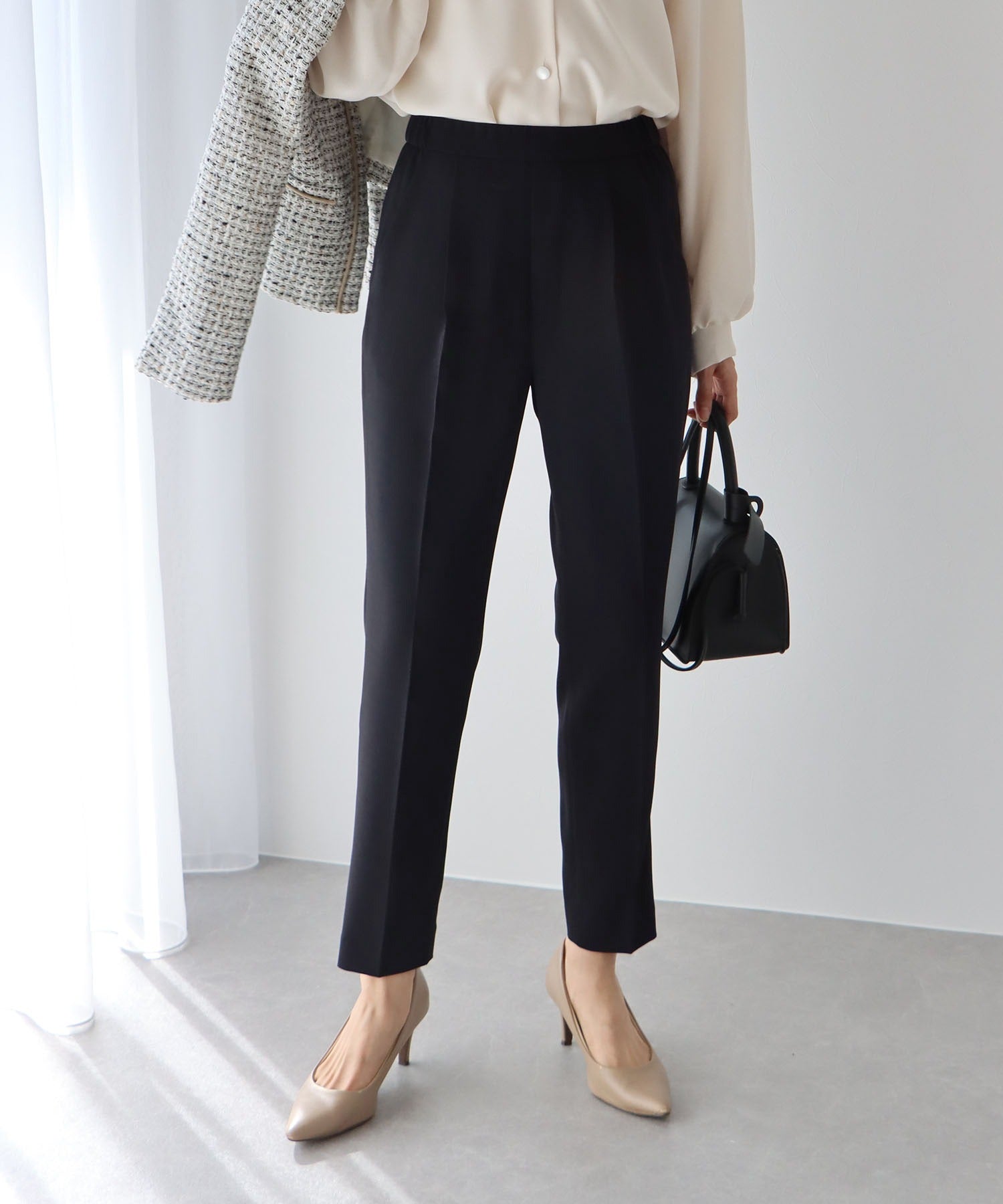 SALE】ミックスツイードノーカラージャケット×テーパードパンツ