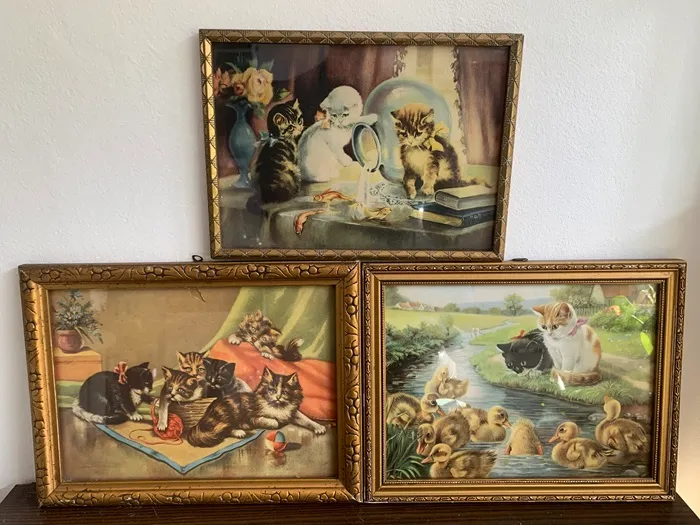 フランス 40s 猫 プリント アート 毛糸 アンティーク 壁掛け | Blue