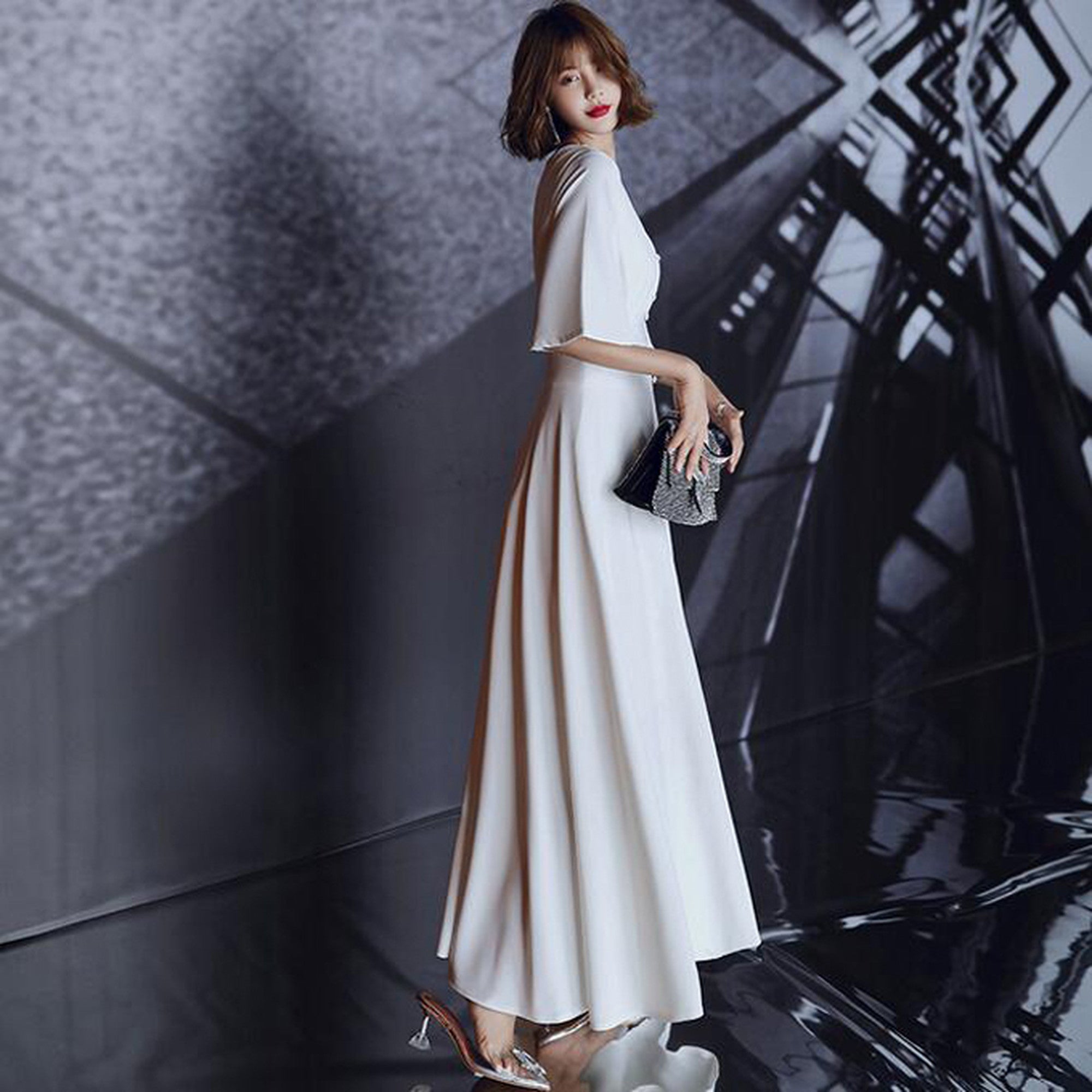 wd420ls】Vネックくるみボタンフレアワンピースドレス スレンダー