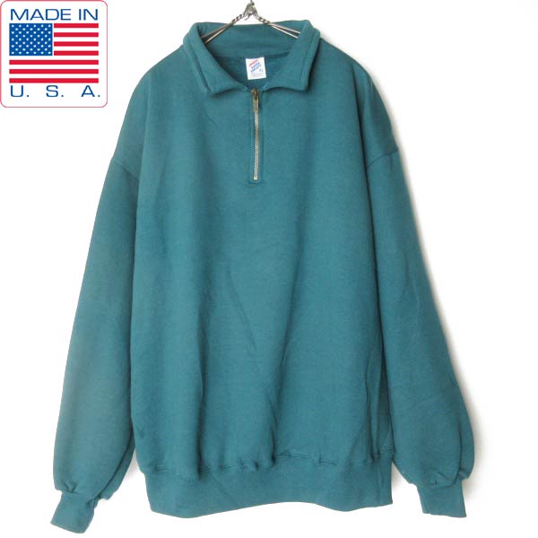 新品 90s USA製 JERZEES 無地 ハーフジップ スウェット XL グリーン