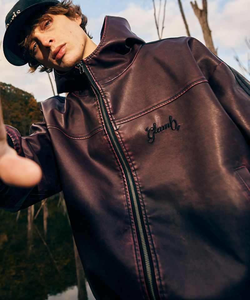 glamb(グラム)】Synth Leather Hooded Track Jacket シンセレザー