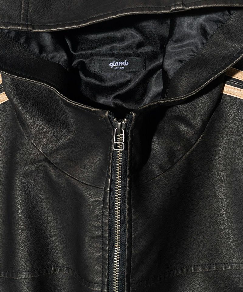 glamb(グラム)】Synth Leather Hooded Track Jacket シンセレザー