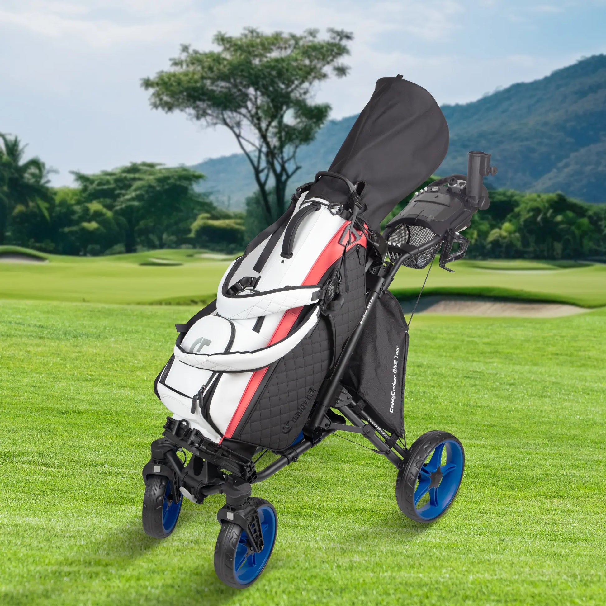 CaddyTek CaddyCruiser ONE Tour Golf Push Cart | 4-Wheel Stability & Sw