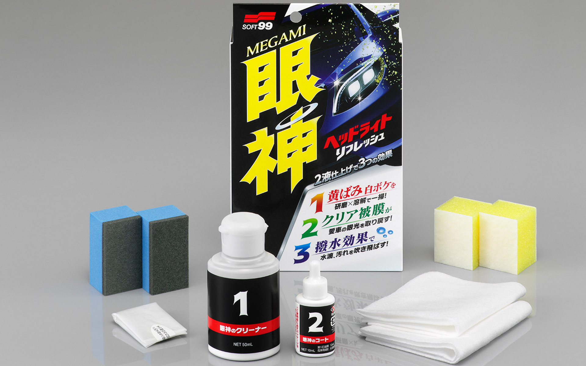 ソフト99、ヘッドライト用クリーナーとコートをセットにした「眼神