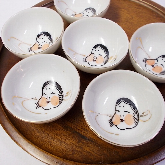 アンティーク盃/可愛い!おかめお多福お顔図柄お猪口/盃/ぐい呑み