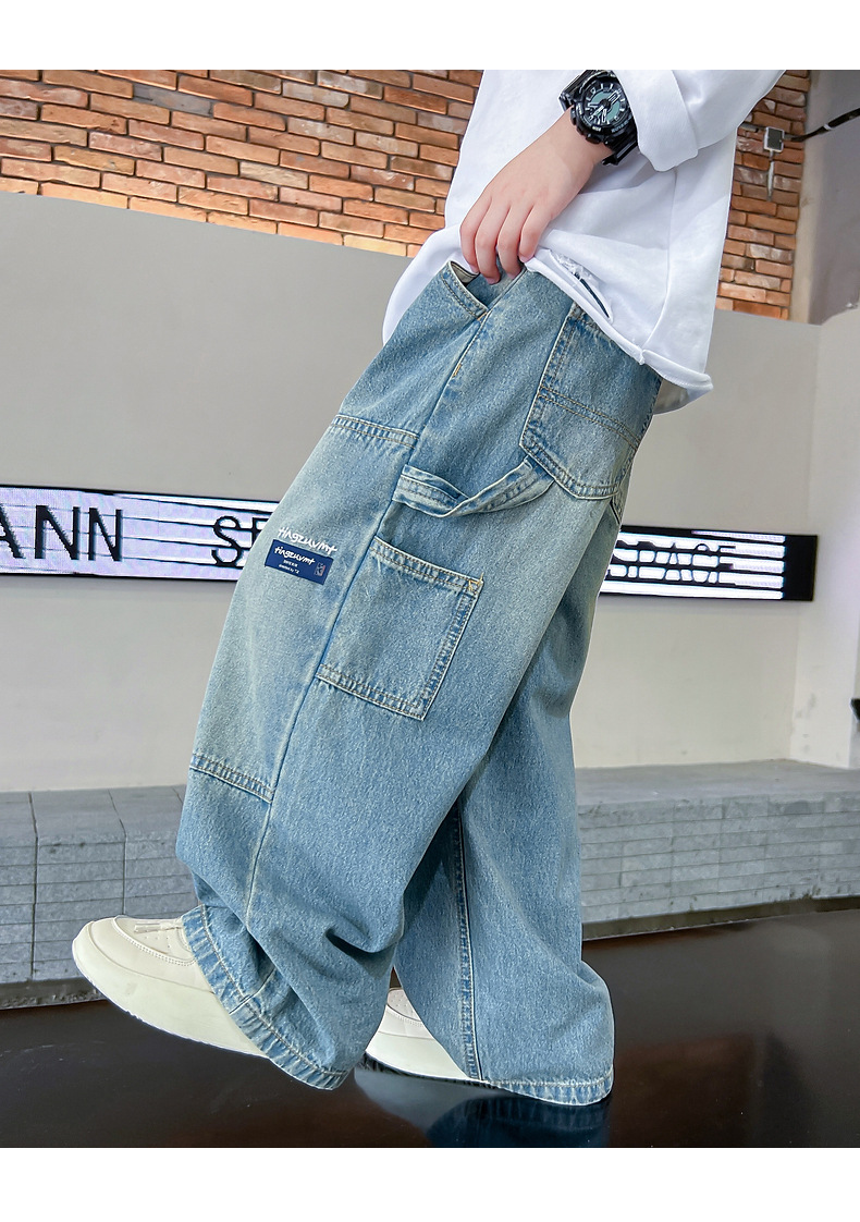 Teenage Boys Cargo Jeans Spring Autumn New Kids Wide Leg Denim